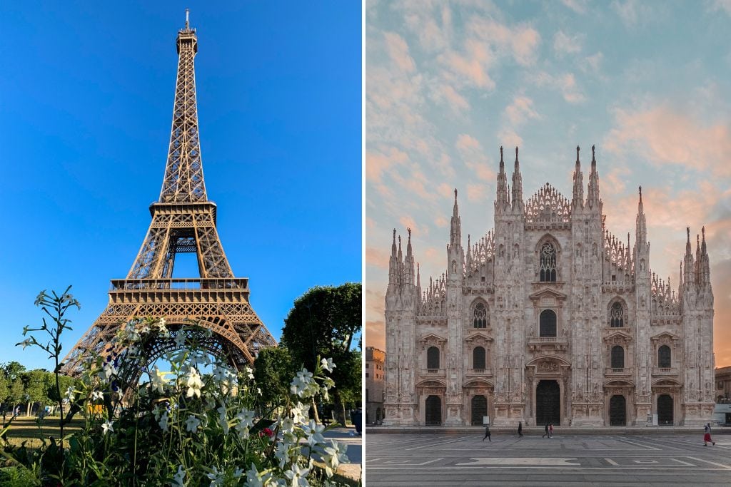 A picture the Eiffel Tower on the left and the Duomo di Milano on the right