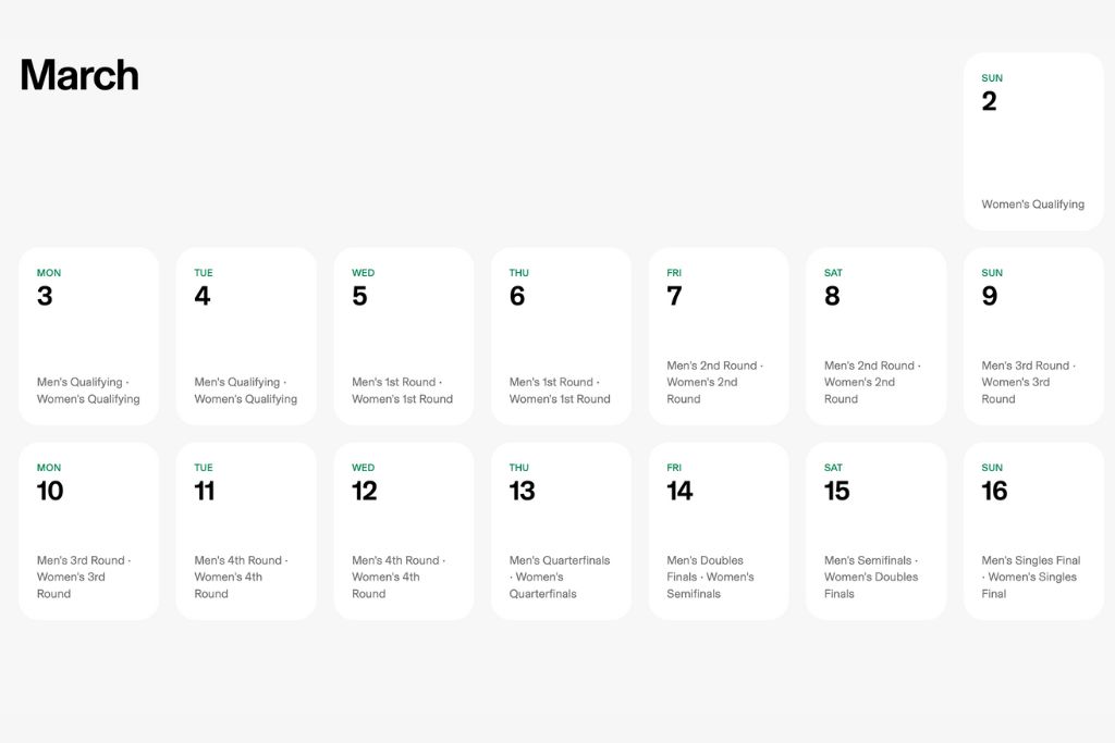 A picture of the tournament schedule for Indian Wells Open in 2025