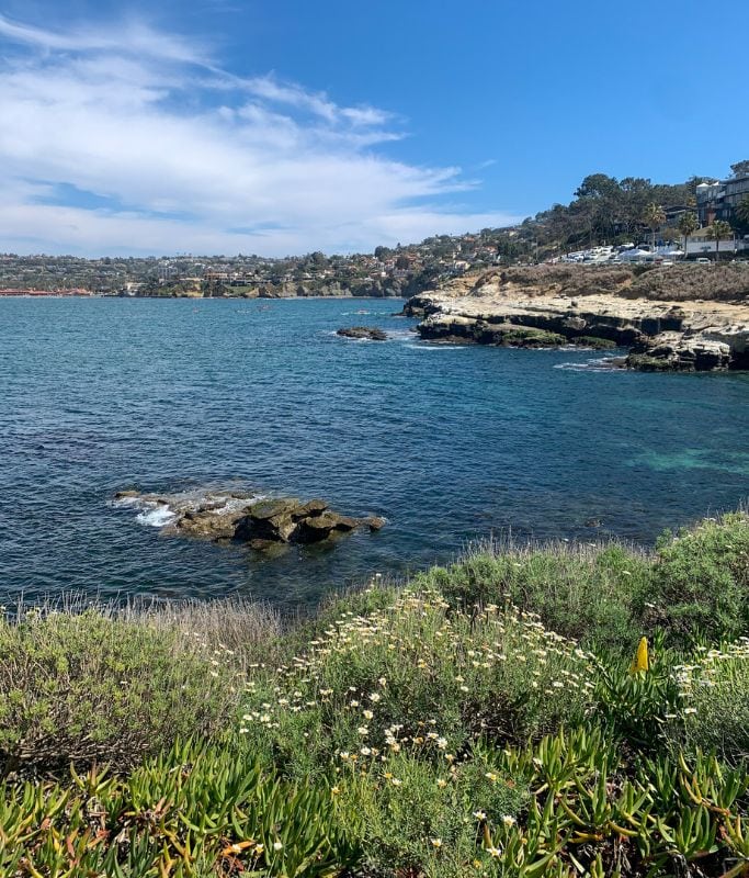 A picture of the blue ocean and coastline. La Jolla Cove is one of the most walkable areas in San Diego! 