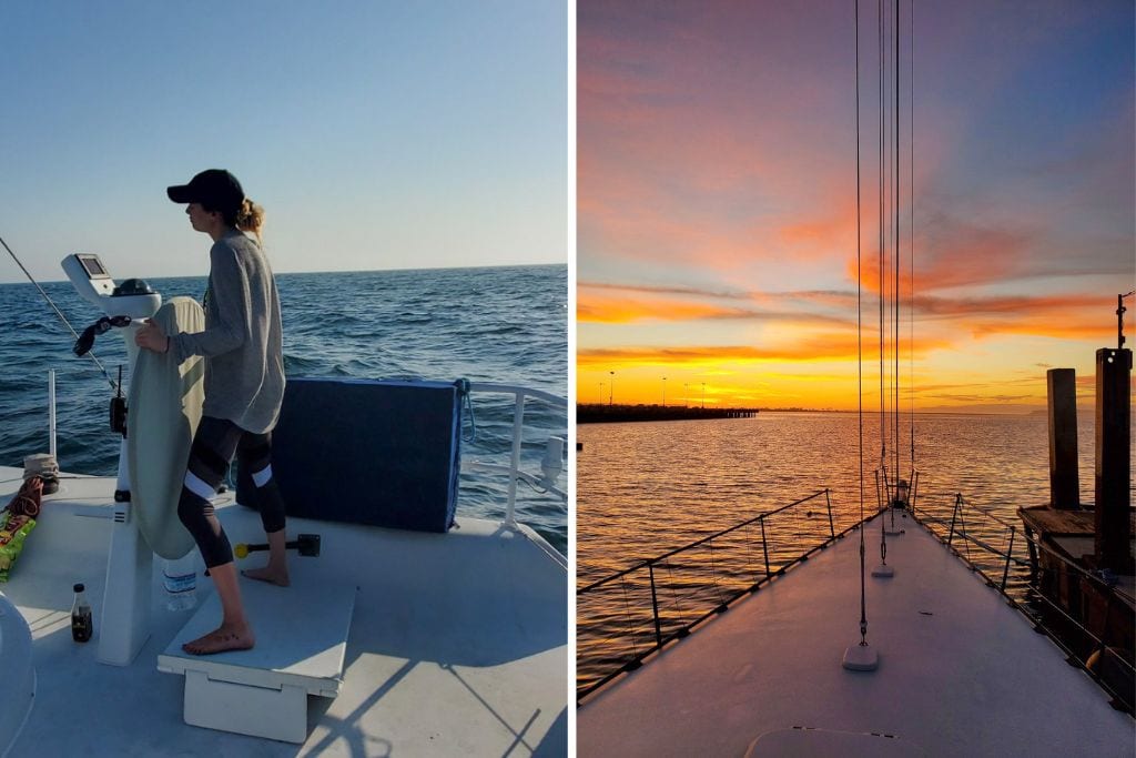 Two pictures. The left picture is of my friend steering the boat. The right picture is of my friend's boat about to set sail for a sunset ride around the harbor. 
