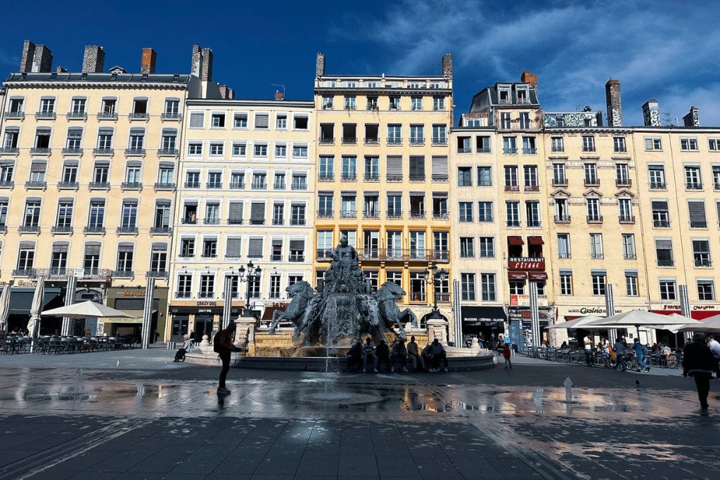 A picture of a Bartholdi Fountain where you meet for the walking tour through Lyon. You can comfortably do a walking tour in Lyon, even if it's a snow day.