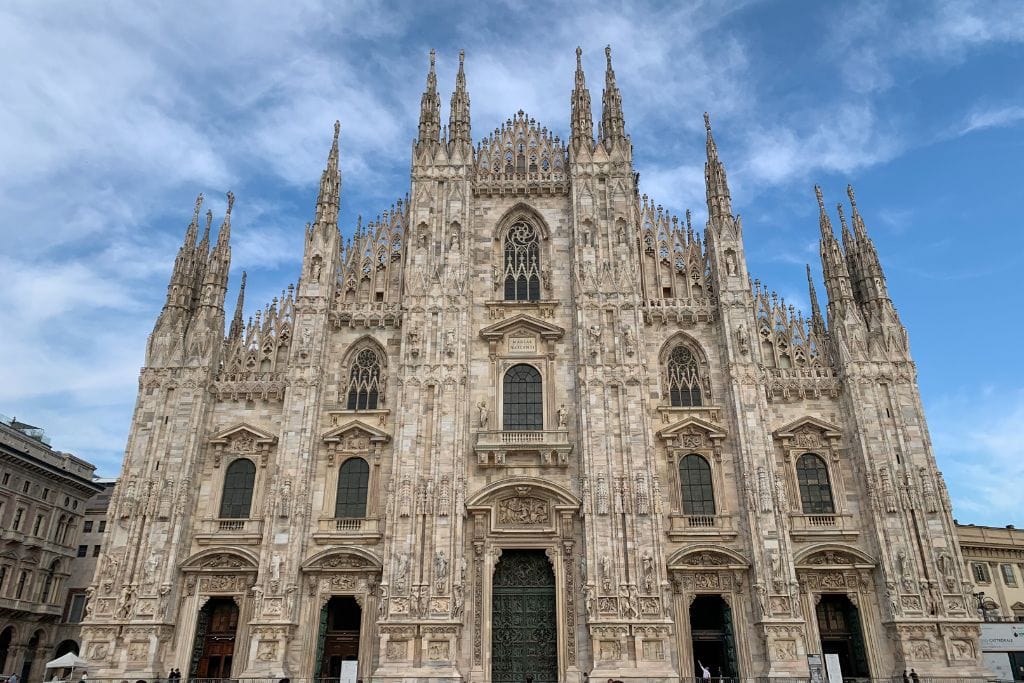 A picture of the front of the Duomo! Like the Paris Eiffel Tower, the Duomo is the many symbol of Milan.
