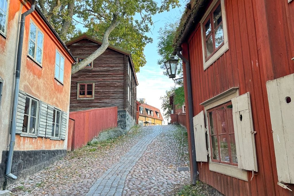 A picture of several red wooden buildings in Skansen's Town Quarter. Skansen is worth visiting to see how Sweden used to operate and the previous traditions.