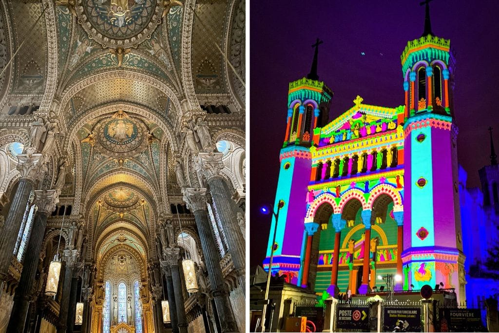 Two pictures. The left picture of the intricate and ornate interior of the Lyon's Basilica. The right picture is of the basilica's exterior with a light display from the festival of lights.