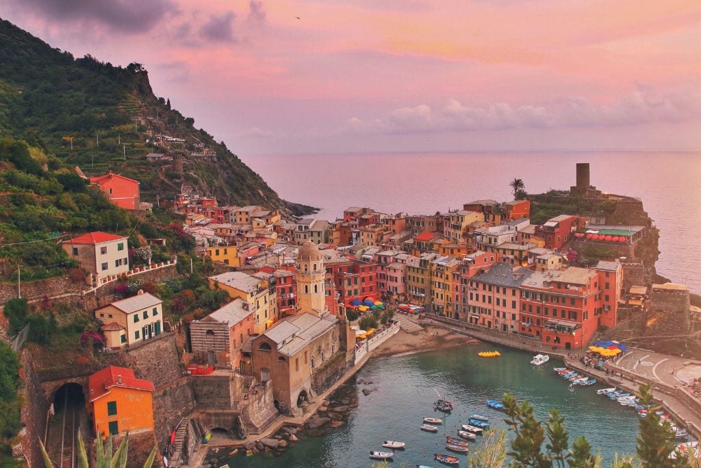 A picture of Cinque Terre during sunset