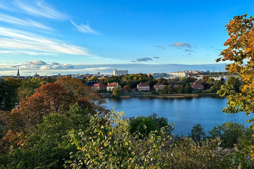 A picture of the Vastveit Storehouse viewpoint. Another reason to visit Skansen is to see the gorgeous views of the surrounding area from an elevated point of view.