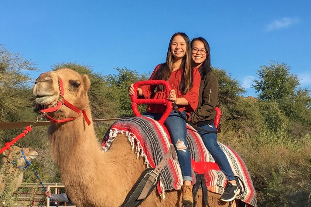 Kristin and a friend riding a camel at the Living Desert Zoo and Gardens.