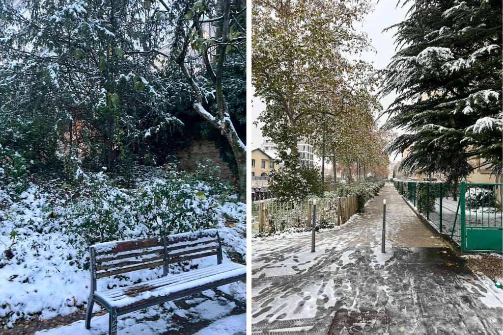 Two pictures. Both pictures illustrate minimal amounts of snow in Lyon France