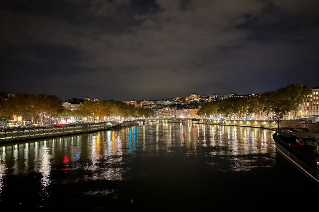 A picture of Lyon at night with all the buildings lit up. Even during the winter, Lyon is absolutely beautiful!