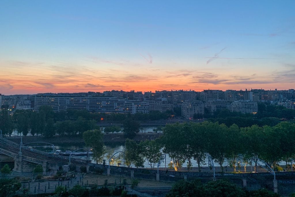 A picture of the Paris cityscape as seen from Kristin's apartment at sunset.