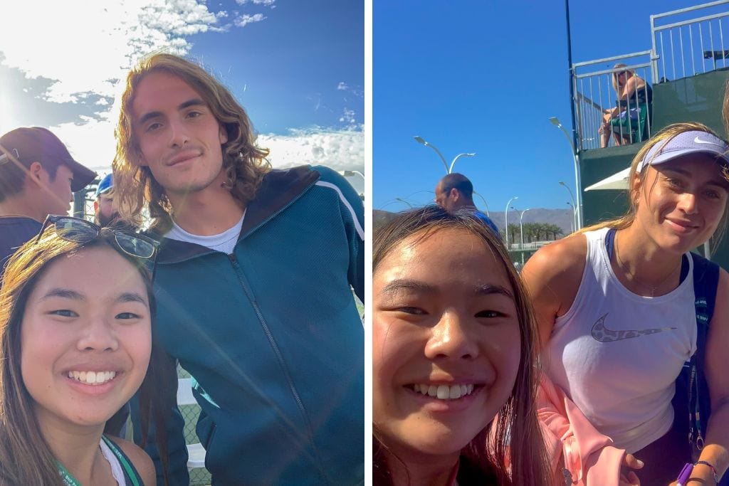 Two pictures. The left picture is of Kristin and Stefanos Tsitsipas and the right picture is of Kristin and Paula Badosa. You can get pictures with tennis players at the Indian wells tennis tournament near the practice courts and player zone.
