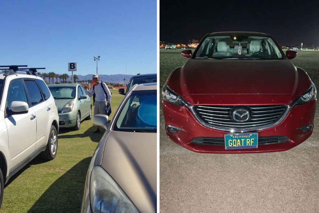 Two pictures of cars in the Indian wells tennis tournament parking lot 