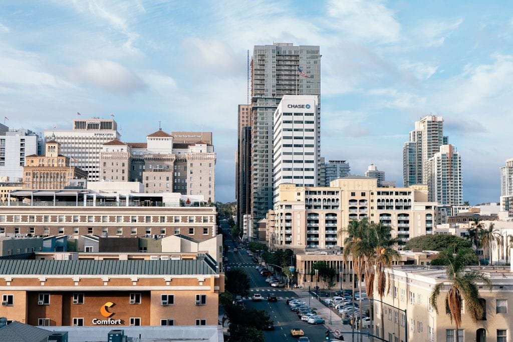 A picture of the tall buildings in Downtown San Diego. 