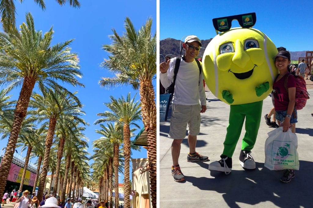 Two pictures. The left picture is of several palm trees within the venue. The right picture is Kristin and her dad with a giant tennis ball mascot at the BNP Paribas Open.