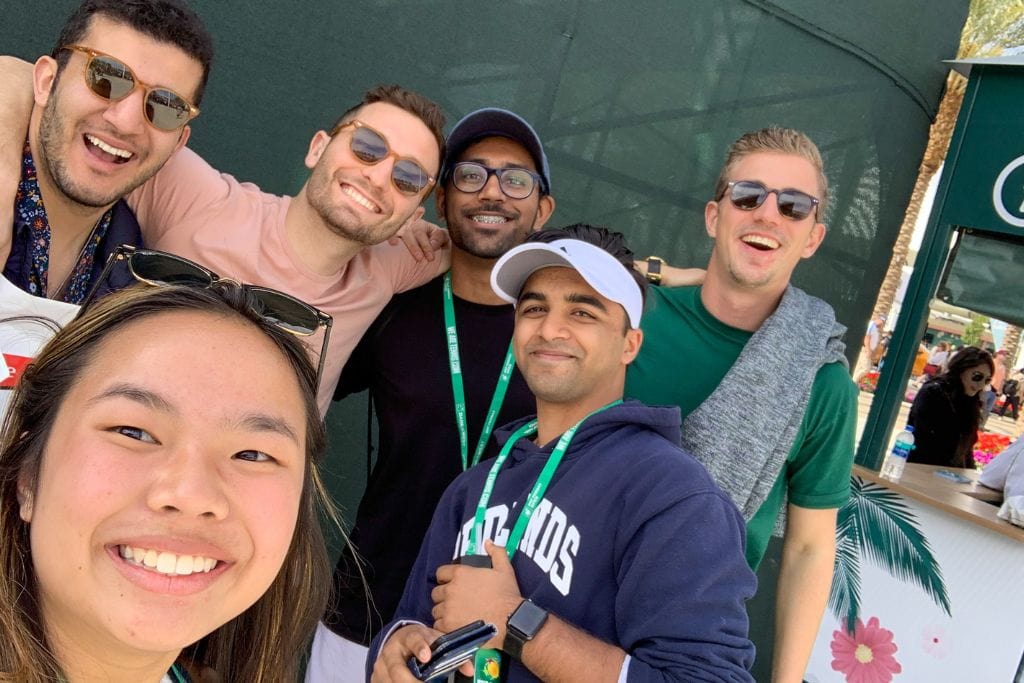 A group picture of Kristin and her friends with the Yes Theory team from Youtube. They all ran into each other at the Indian wells tennis tournament.