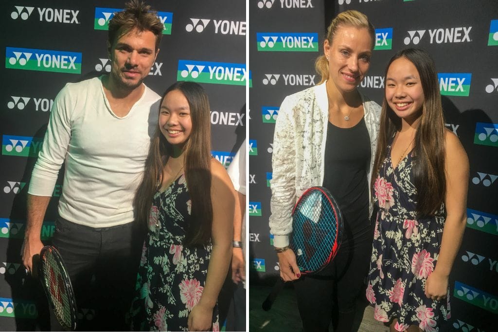 Two pictures. The left picture is Kristin with Stan Wawrinka and the right picture is Kristin with Angie Kerber at an event held during the Indian wells tennis tournament.