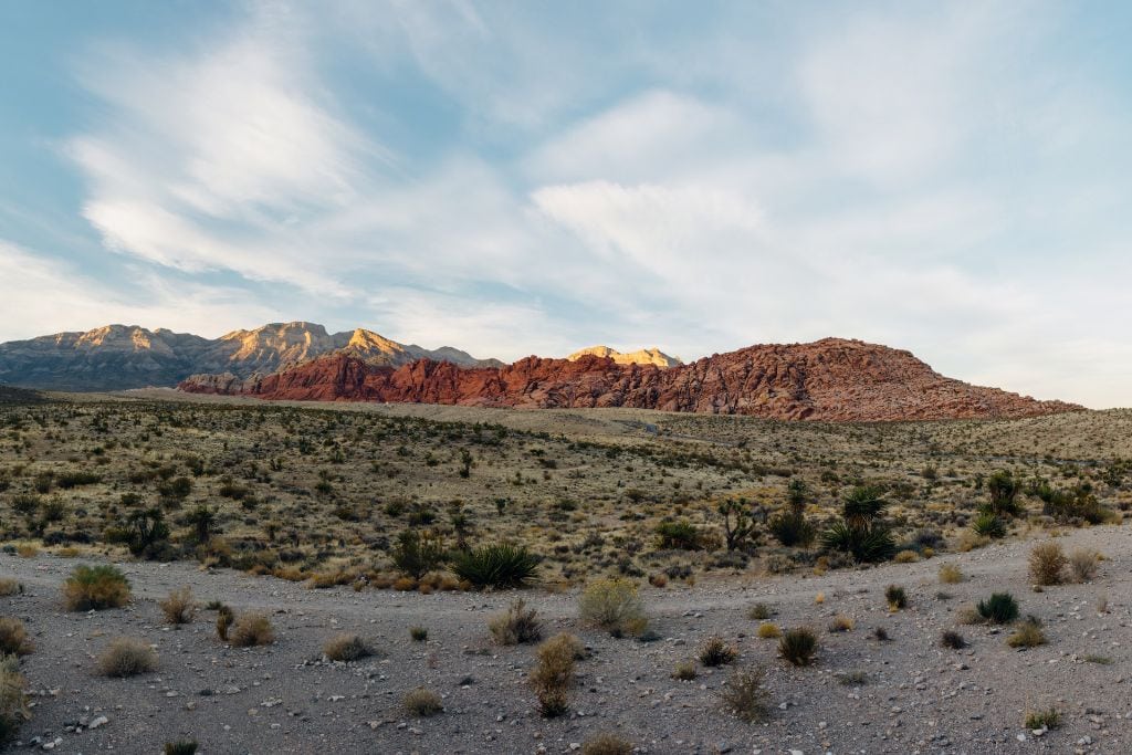 A picture of the beautiful Red Rock Canyon landscape in the morning. Doing a bike tour through here is one of the best ways to see the scenery before the crowds show up!