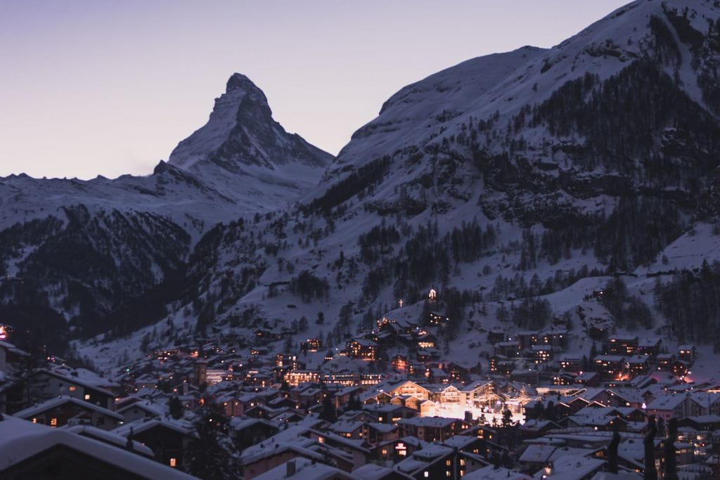 A picture of the mountainous town of Zermatt. As one of the tallest areas in Switzerland, this is an amazing place to go  paragliding in Switzerland!