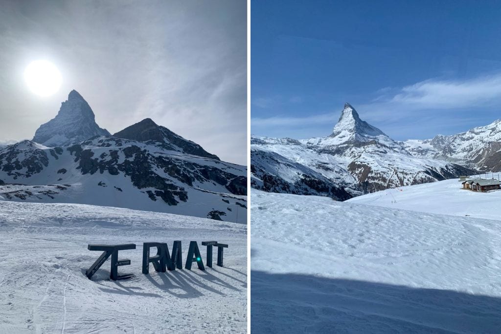 Two picture of Zermatt and a very snowy Matterhorn mountain!