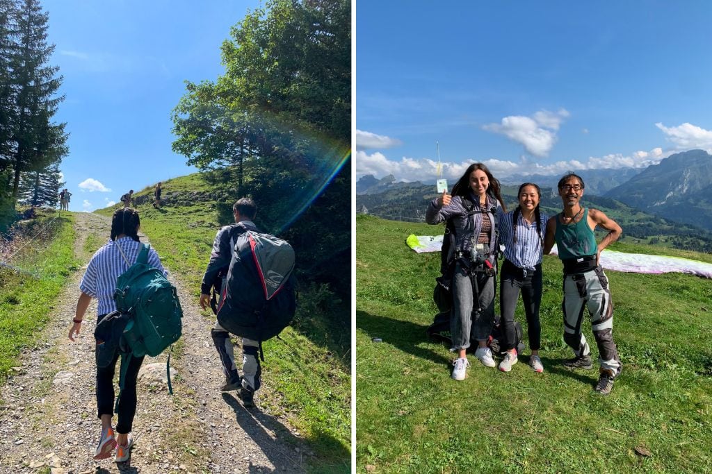 Two pictures. The left picture is of Kristin hiking up to the launch site for her paragliding flight. The right picture is a picture of Kristin, her friend, and their expert pilot!