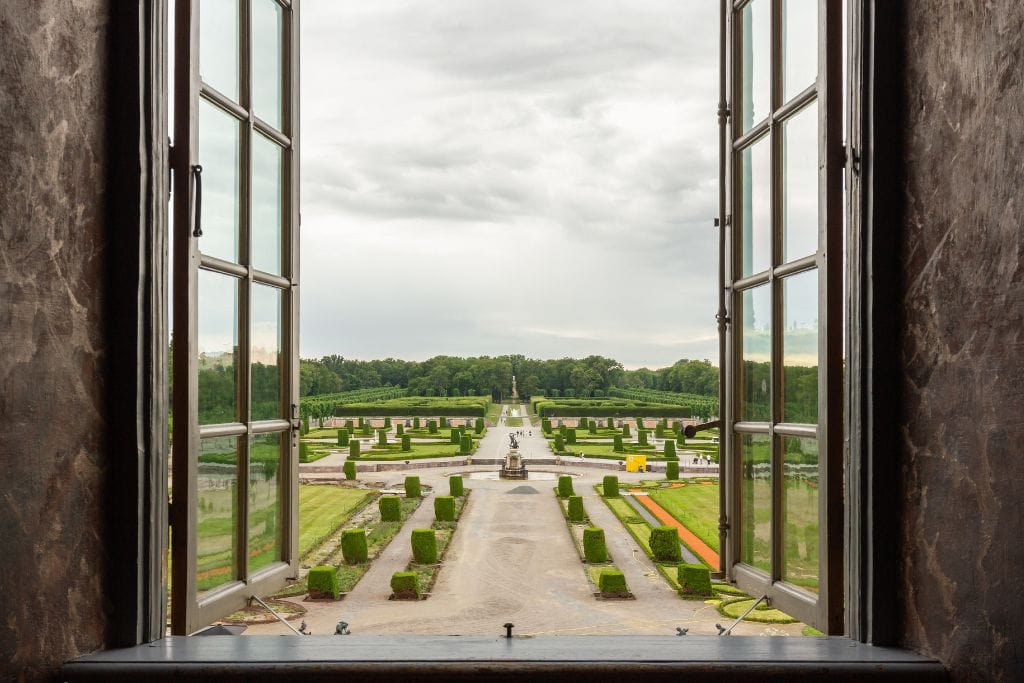 A picture of the gardens as seen from inside Drottningholm Palace.