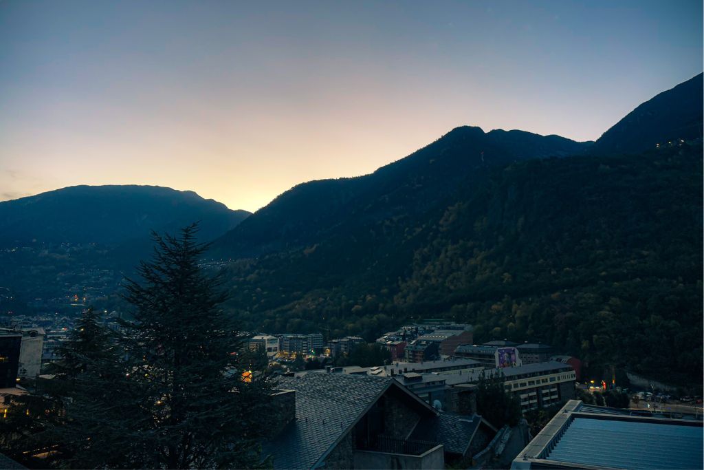 A picture of the sun setting behind the Pyrenees mountains. This was the view from my housing accommodations in Andorra.
