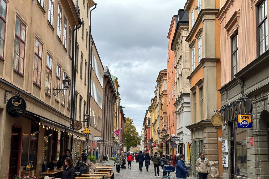 A picture of all the shops, cafes, and restaurants lined along one of the streets in Gamla Stan. Wandering around Gamla Stan is always a crowd favorite activity, so be sure to add it your Stockholm in 3 days itinerary.