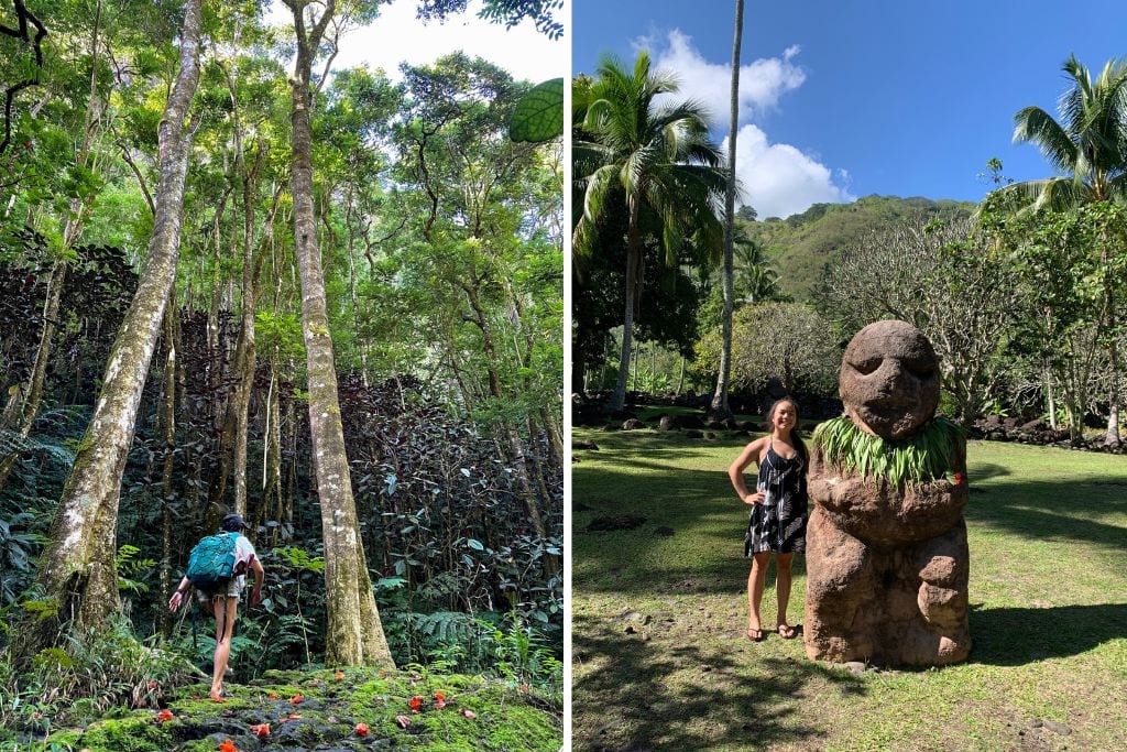 Two pictures. The left picture is of Krisitn hiking and the right picture is of Kristin standing next to a totem at an ancient ceremonial site. If you do one of island discovery tahiti tours, you'll likely visit the ceremonial site.