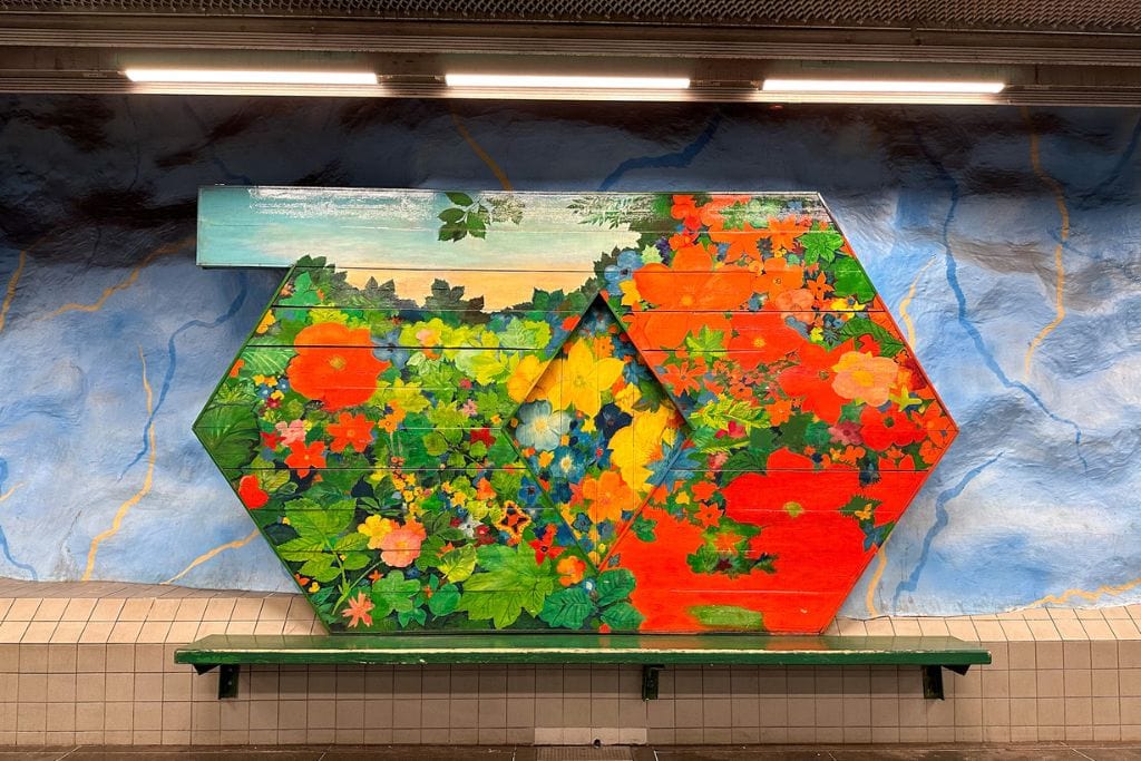 A picture of the unique and colorful metro art found in Stockholm's metro stations.