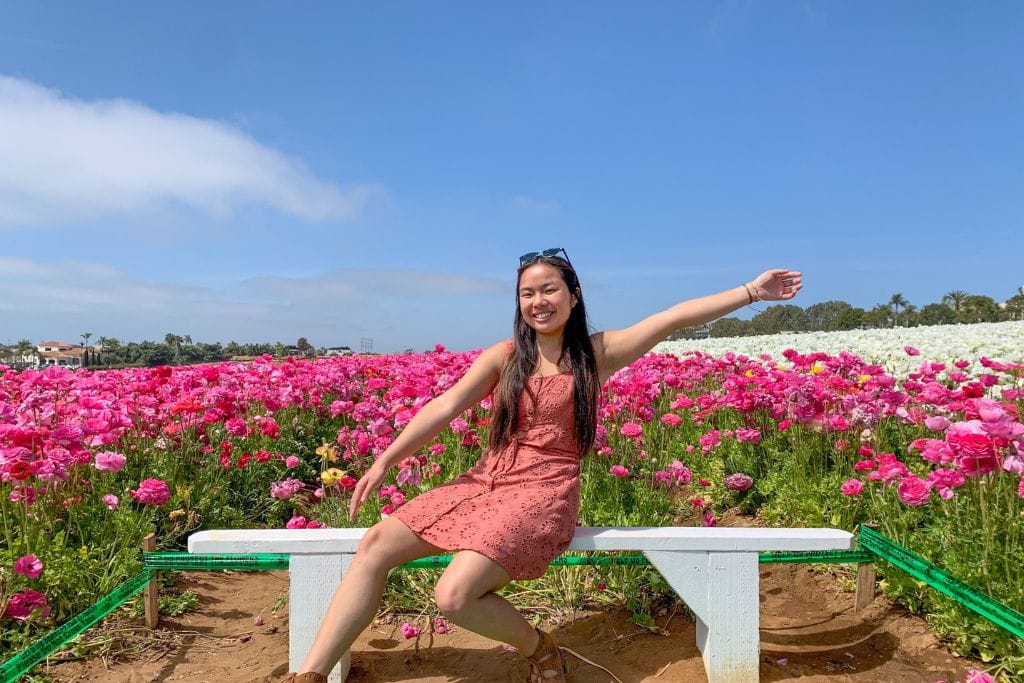 A picture of Kristin smiling and posing at one of the designated photo stations at the Carlsbad Flower Fields.