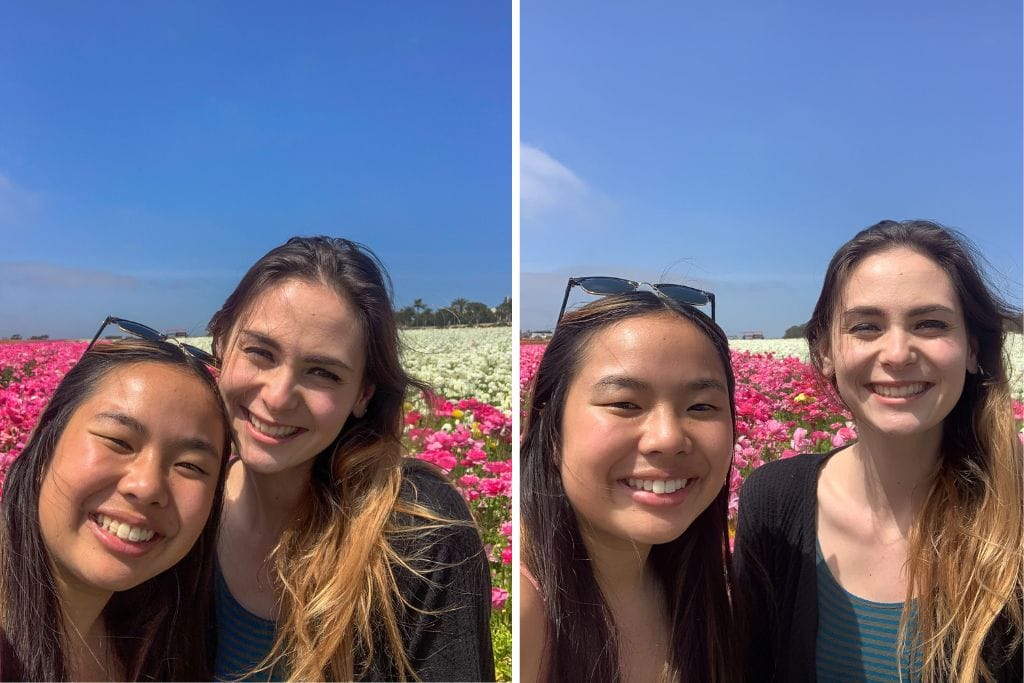 Two selfies of Kristin and her good friend at the Carlsbad Flower Fields.