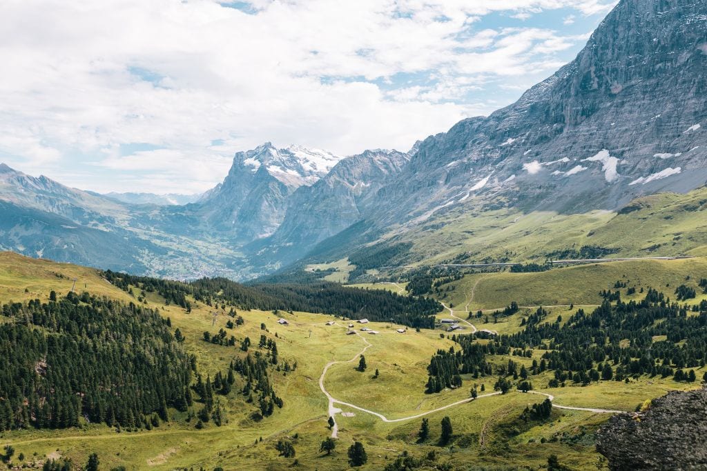 A picture of a lush valley in Switzerland.