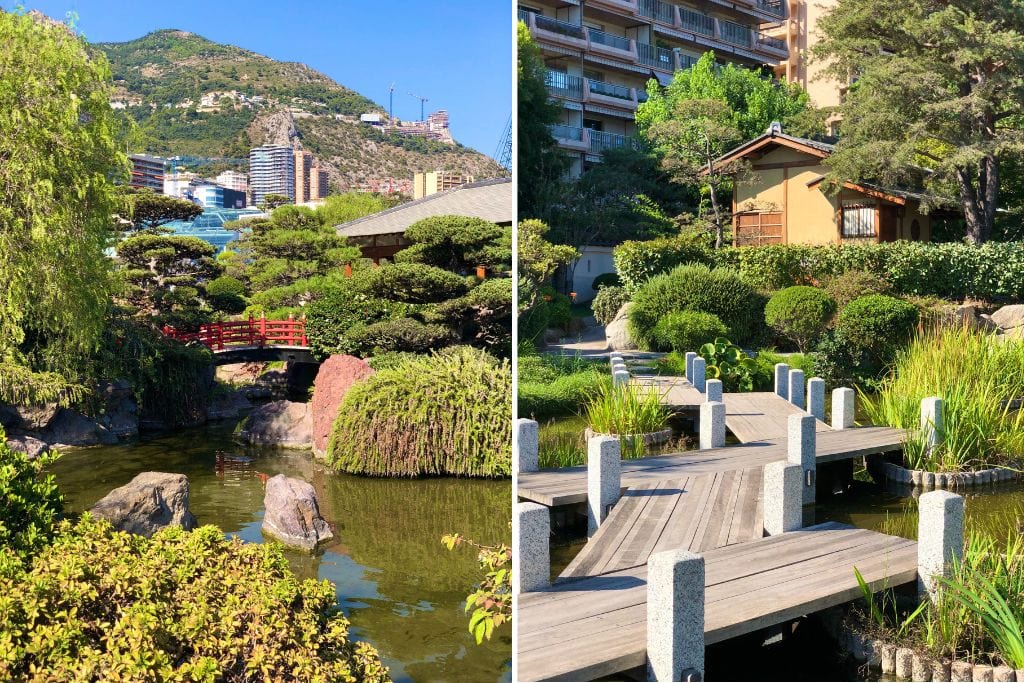 Two picture of the Princess Grace Japanese Gardens. Stop by here during your Nice to Monaco day trip if you are looking for a little escape from the hustle and bustle of the city. 