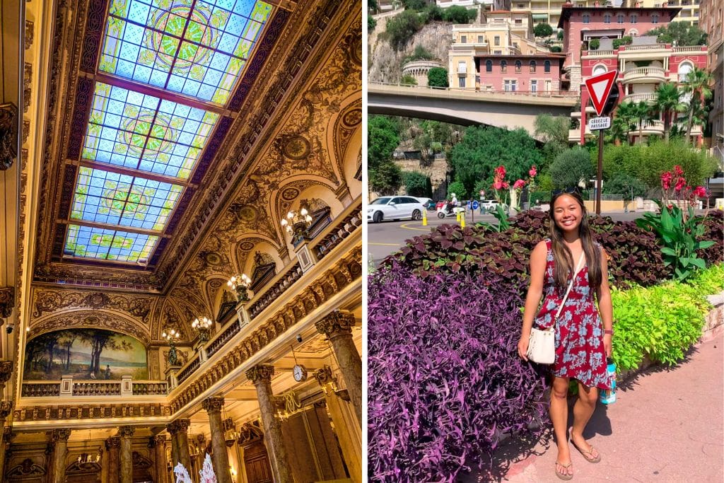 Two pictures. The left picture is of the inside of the Monte Carlo Casino and the right picture is of Kristin standing at a roundabout in Monaco.