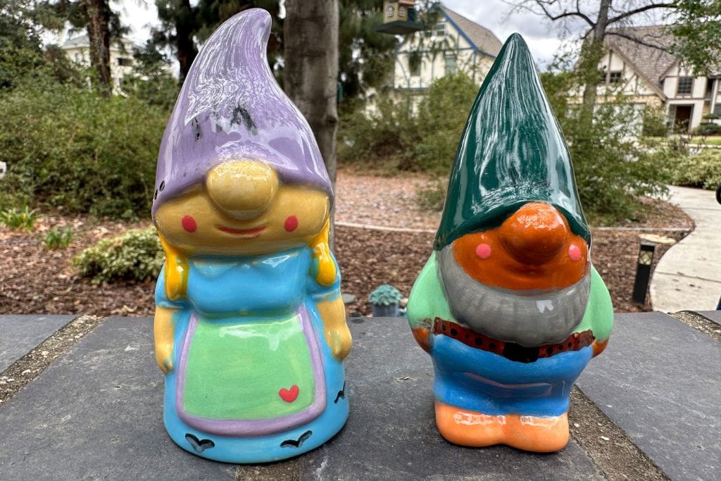 A picture of two gnomes that Kristin painted at Color Me Mine. Checking out this art studio and painting custom ceramics is a relaxing thing to do in Redlands, even with little ones.