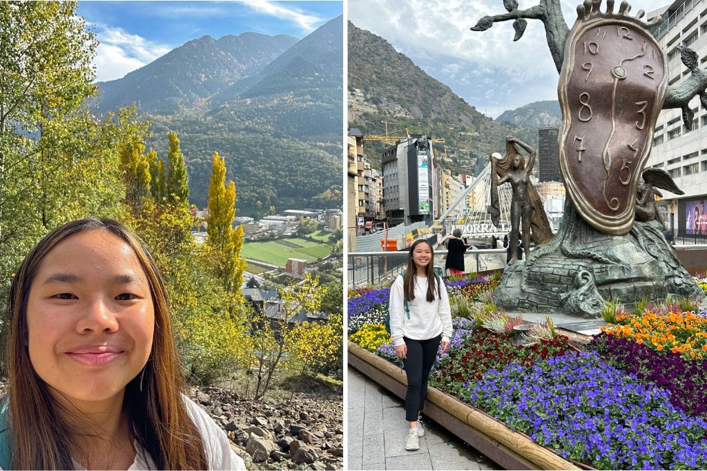 Two pictures: The left picture is a selfie of Kristin with the pyrenees mountains in the background. The right picture is Kristin next to famous art piece in Andorra.