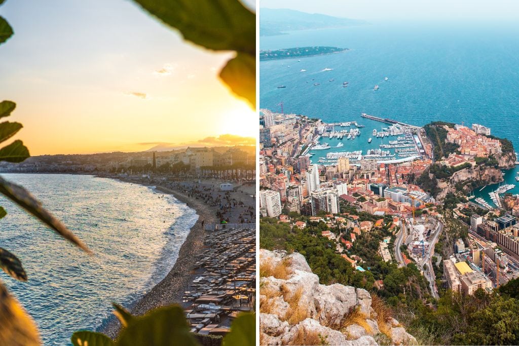 Two pictures: A picture of coast inn Nice on the left and a picture of monaco from above on the right.