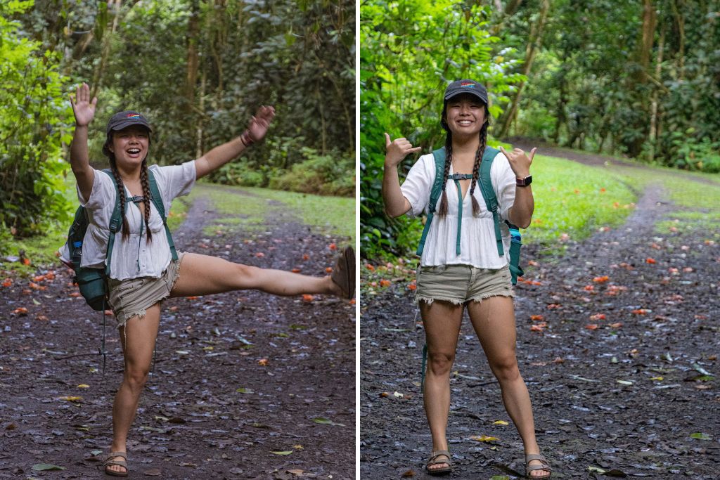 Two pictures of Kristin hiking in French Polynesia. There are hiking tours in Moorea if you want to wander through the island's lush interior.