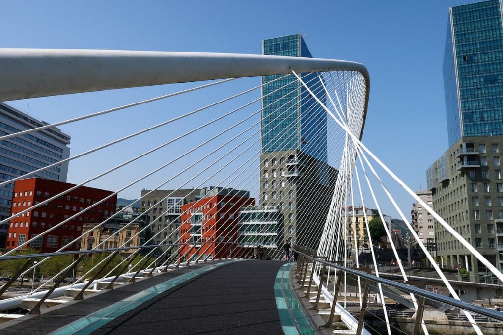 A picture of the Zubizuri or Campo Volantin Bridge in Bilbao. The city is quite walkable which makes visiting Bilbao less expensive since you don't have to spend so much on public transport. 