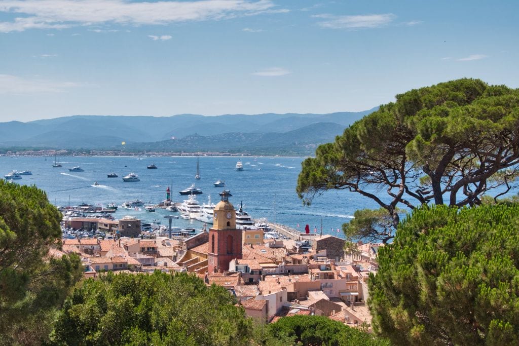 A picture of Saint Tropez and the coast. Both Nice and Saint Tropez are located along the French Riviera.