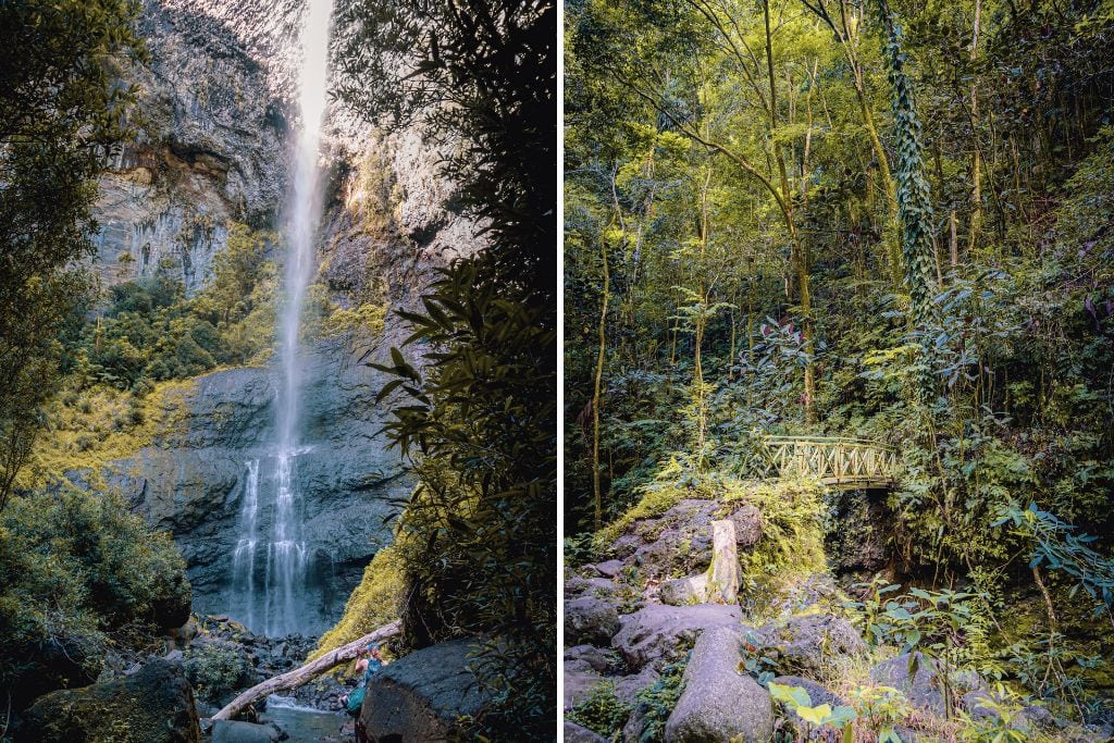 Two pictures. The left picture is of Fautaua Waterfall. The right picture is of the bridge that you'll pass by on the trail.