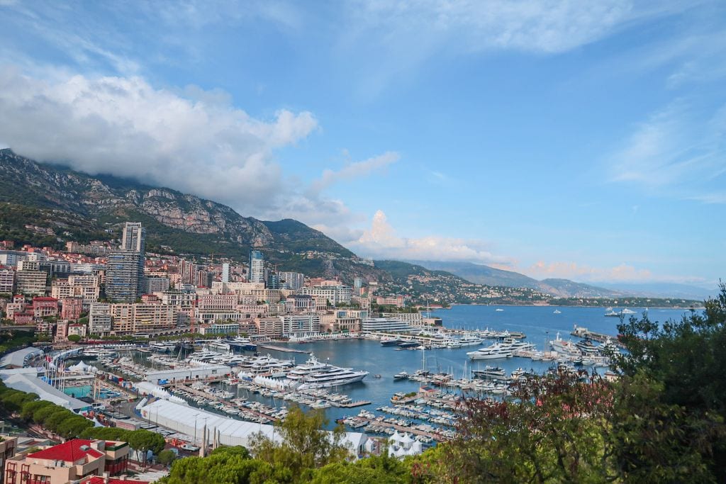 A picture of all the expensive boats and yachts docked in Port Hercules in Monaco.