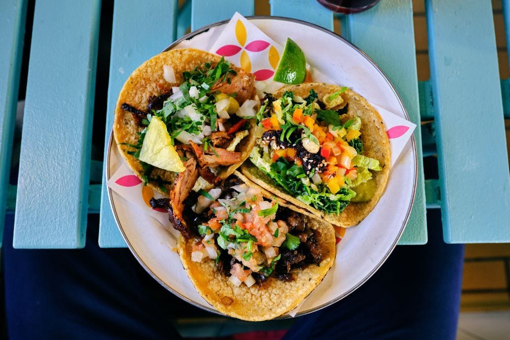 A picture of a plate with three tacos