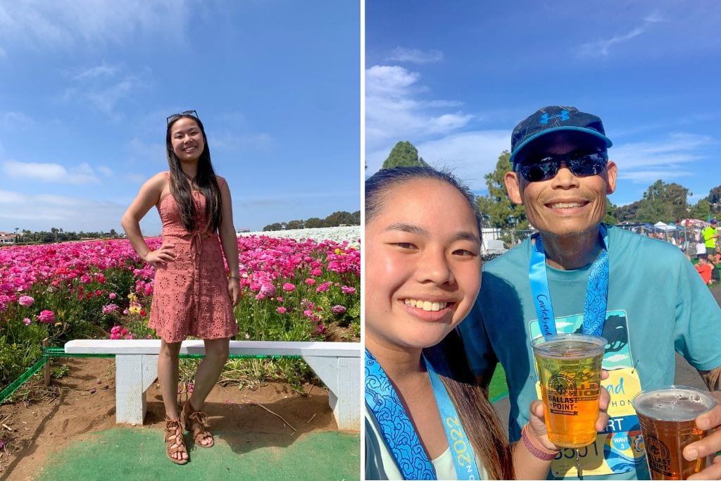 Two pictures. The left picture is of Kristin at the Carlsbad Flower Fields and the right picture is of Kristin and her dad drinking some beer post running the Carlsbad race