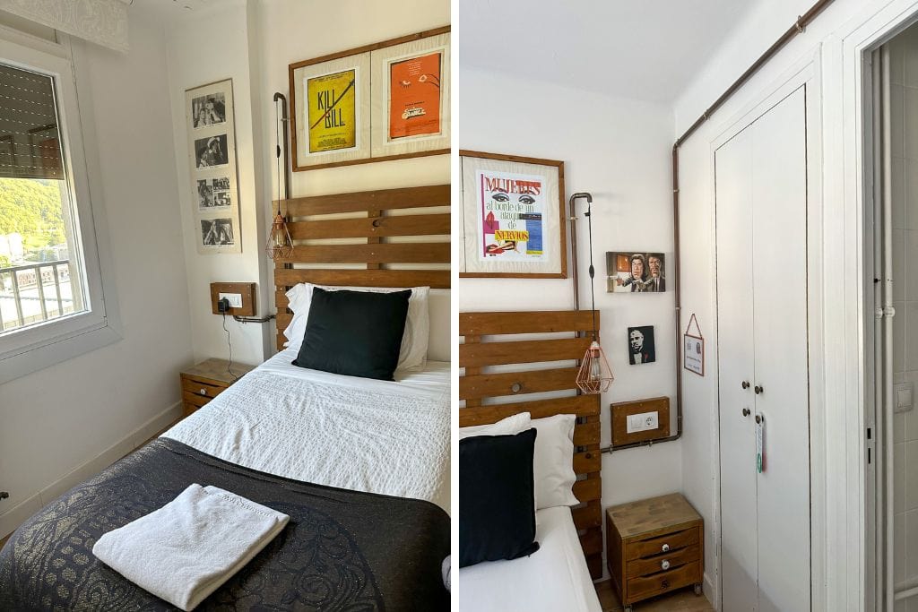 Two pictures of my room at Barri Antic Hostel & Pub. You can see the limited floor space.