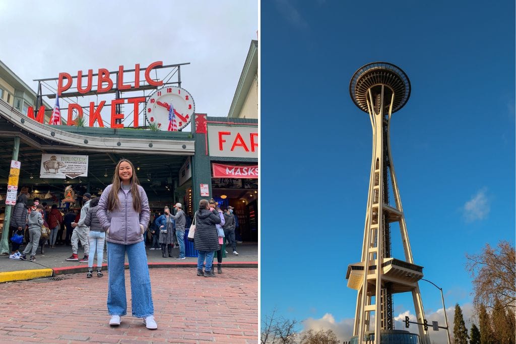 Two pictures. The left picture is Kristin standing in front of the Pike Place Market. The right picture is of the Seattle Space Needle. You can visit the Amazon Spheres in Seattle as you walk from one attraction to the next.