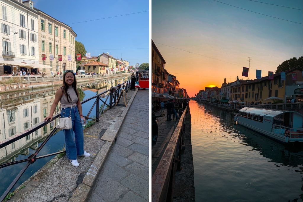 Two pictures. The left picture is Kristin at the Navigli during the day and the right picture is the Navigli at night. Checking out this area is a nice inexpensive thing to do in Milan.