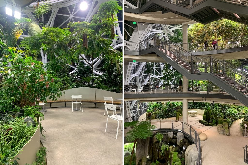 Two pictures. The left picture shows some benches and chairs in the Amazon Spheres in Seattle while the right picture shows the different levels of the building.