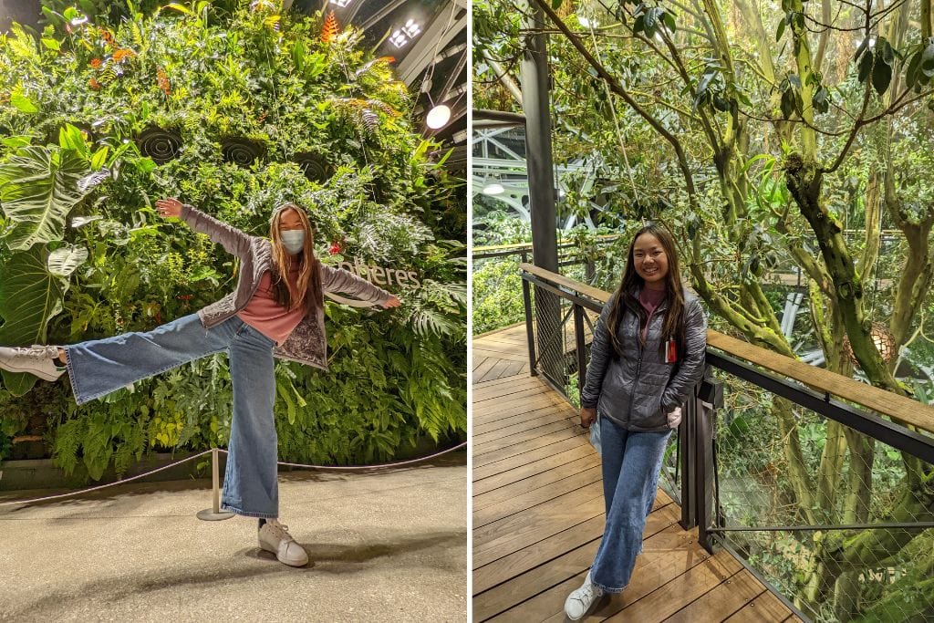 Two pictures of Kristin posing in front of plants at the Amazon Spheres in Seattle.