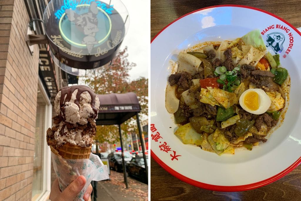 Two pictures. The left pictures is of a decadent ice cream i ordered in Seattle and the right picture is of the noodles I ordered at Biang Biang noodles in Seattle.